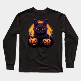 Cartoon Halloween Black Cat with Pumpkins Long Sleeve T-Shirt